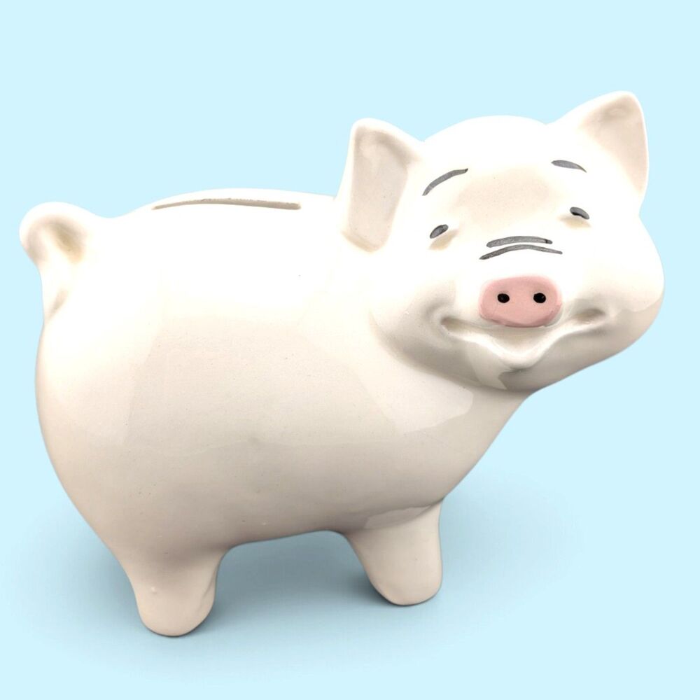 Ceramic Piggy Bank White Smiling Pig Coin Bank Pink Snout 6.25"